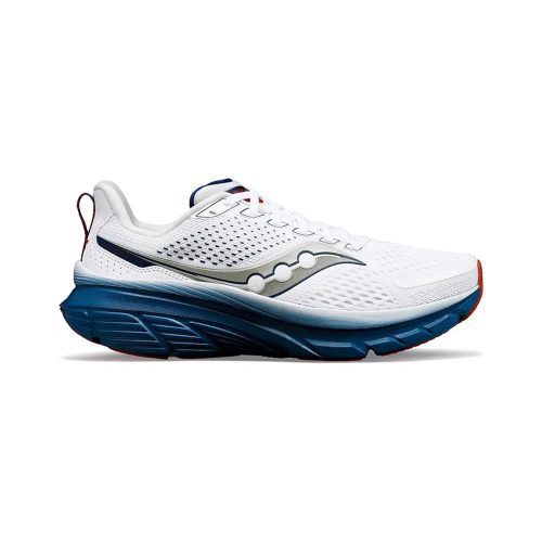 A SAUCONY GUIDE 17 WHITE/NAVY - MENS by Saucony with a blue sole and red accents, designed for stability. The shoe features perforations for breathability, a wavy line design on the side, and is crafted as a max cushioned running shoe with CenterPath Technology to enhance your performance.