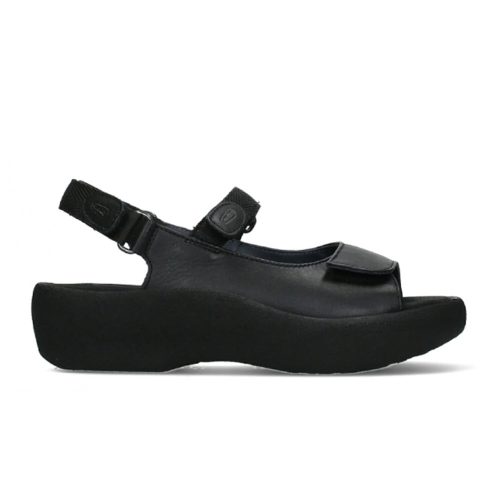 Wolky WOLKY JEWEL BLACK SMOOTH - WOMENS open-toe walking sandal with a thick sole, adjustable ankle strap, and a Velcro fastener on the upper part for an adjustable fit. Side view on a white background.