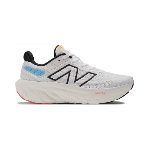 White New Balance 1080 V13 White/Blue - Kids running shoe with black and light blue accents, featuring a thick, cushioned sole and the Fresh Foam X logo on the midsole. The engineered mesh upper ensures breathability and comfort during your runs.