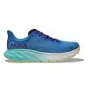 A blue athletic running shoe with a thick white and teal sole, featuring the brand name "Hoka" in prominent letters on the side and patented J-Frame™ technology for enhanced stability, against a white background: HOKA ARAHI 7 VIRTUAL BLUE/CERISE - MENS.