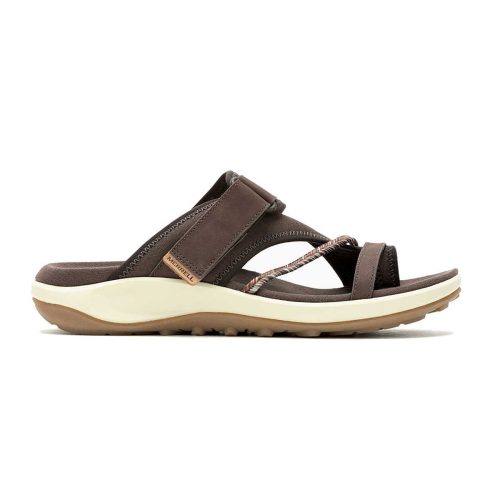 The MERRELL TERRAN 4 SLIDE BRACKEN - WOMENS by Merrell is a brown sandal featuring adjustable straps, a cushioned sole, and a rubber outsole designed for all-day comfort, shown on a white background.