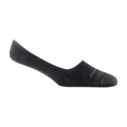 A single Darn Tough DARN TOUGH SOLID NO SHOW SOCKS BLACK - WOMENS with a gray textured pattern, featuring a seamless design for ultimate comfort. Flat and isolated on a white background, this everyday sock ensures style without compromising function.