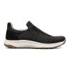 Black athletic dress sneaker with a white midsole and brown, textured outsole. The shoe features a mesh upper, black laces, and innovative Flexsole Technology for ultimate flexibility. Introducing the **FLORSHEIM SATELLITE KNIT ELASTIC LACE SLIP ON SNEAKER BLACK - MENS** by **Florsheim**.