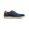 The FLORSHEIM VIBE KNIT PLAIN TOE OXFORD NAVY - MENS by Florsheim is a blue knit men's dress shoe with a tan heel detail and white rubber sole, featuring a sporty knit oxford style.