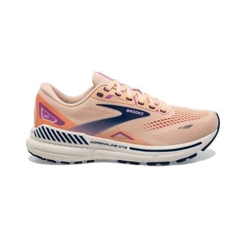 A women's running shoe in apricot with estate blue and orchid accents, labeled "BROOKS ADRENALINE GTS 23" on the side and sole, featuring a cushioned midsole for support and softness, and a breathable mesh upper.