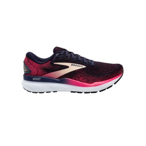 A side view of a single pink and black Brooks running shoe with improved cushioning, featuring a white midsole and black outsole. Branded "Brooks," this could be the BROOKS GHOST 16 PEACOAT/RASPBERRY/APRICOT - WOMENS model.