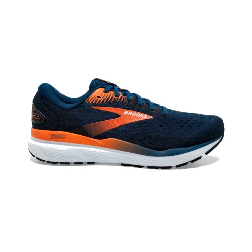 A side view of the Brooks BROOKS GHOST 16 BLUE OPAL/BLACK/NASTURTIUM - MENS running shoe with an orange accent on the side, a white sole, and soft, reliable cushioning that ensures a secure fit.