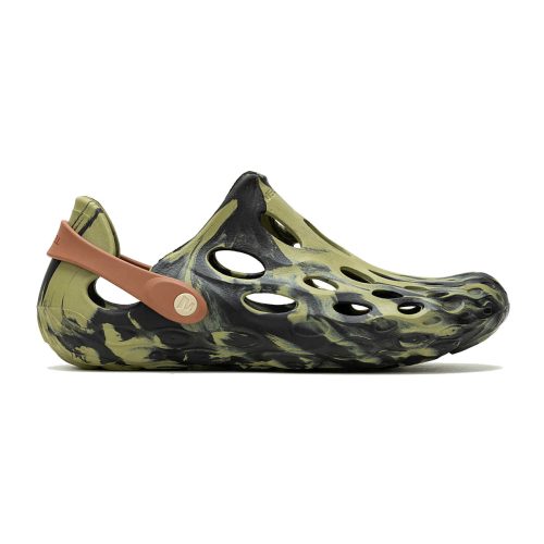 A side view of the MERRELL HYDRO MOC SLIP ON BLACK MOSSTONE CAMO - MENS, showcasing a green and black color scheme with a distinctive ventilated, hole-filled design and a brown heel strap for added comfort.