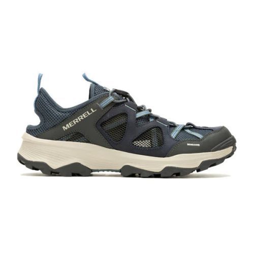 A black and grey Merrell athletic shoe with mesh panels, blue accents, durable leather uppers, and a sturdy white sole can be replaced with the MERRELL SPEED STRIKE LEATHER SIEVE SLATE NAVY - MENS from Merrell.