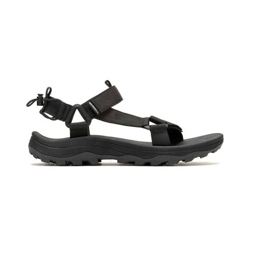 A Merrell MERRELL SPEED FUSION WEB SPORT SANDAL BLACK - MENS featuring an adjustable ankle strap, a textured, rubberized footbed, and a modern outsole designed for outdoor activities. Perfect sporty sandals engineered with Speed Fusion Web Sport technology for optimal performance.