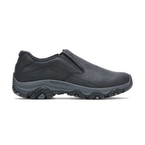 Side view of the Merrell MERRELL MOAB ADVENTURE 3 MOC BLACK LEATHER - MENS, a black, slip-on hiking shoe with a durable, rugged sole and reinforced stitching along the top.