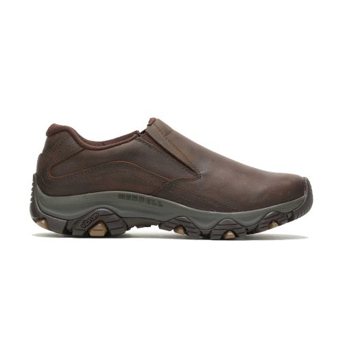 A brown leather slip-on shoe with a rugged gray Vibram® TC5+ outsole designed for outdoor activities, the MERRELL MOAB ADVENTURE 3 MOC LEATHER EARTH - MENS by Merrell ensures all-day comfort.