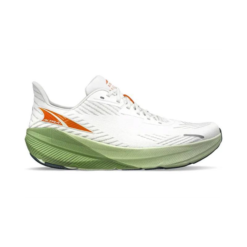 Side view of a white running shoe with orange and green accents, featuring a thick green and white sole for extra cushioning and a 4 mm drop, ensuring a smooth ride. The shoe is the ALTRA ALTRAFWD EXPERIENCE WHITE - MENS by Altra.