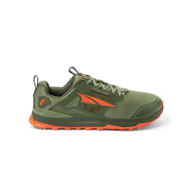 A green and orange ALTRA LONE PEAK 8 DUSTY OLIVE - MENS with a rugged design, featuring durable ripstop mesh, laces, and a thick MaxTrac outsole perfect for trail adventures from Altra.