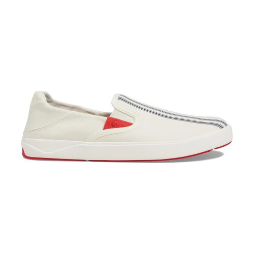 An OLUKAI LAEAHI SLIP ON OFF WHITE STRIPE - MENS from Olukai, featuring a white slip-on design with a red sole, vertical navy stripes on the top, and a comfortable textile lining.