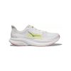 A Hoka HOKA MACH 6 WHITE/NIMBUS CLOUD - MENS, a white athletic running shoe with a yellow and blue logo on the side, thick cushioned sole featuring bouncy cushioning, and red tread.