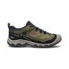 The durable green and black KEEN TARGHEE IV WP DARK OLIVE/GOLD FLAME - MENS hiking shoe boasts a rugged sole, black laces, and a small orange logo on the side, offering exceptional cushioning for long treks.