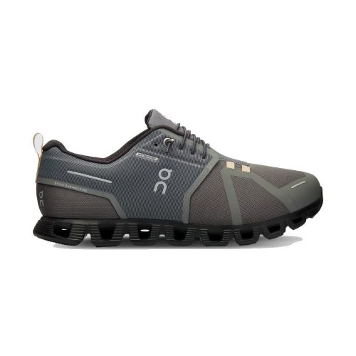 A gray athletic shoe with a unique segmented sole and speed-lacing system, the ON CLOUD 5 WATERPROOF ASPHALT/MAGNET - MENS featuring the On Running logo on the side. It boasts CloudTec cushioning for superior comfort and performance.