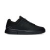 A black athletic shoe with a minimalist, tennis-inspired design, featuring a low-top profile, lace-up closure, CloudTec® cushioning, and subtle branding on the side: ON THE RODGER ADVANTAGE ALL BLACK - MENS by On Running.