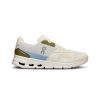 A white ON CLOUDRIFT IVORY/HEATHER - MENS athletic sneaker from On Running with light blue and olive green accents, featuring breathable mesh material and a logo on the side, perfect for outdoor activities.