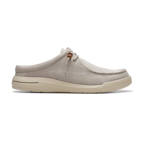 A side view of a beige CLARKS DRIFTLITE SURF SLIP ON MOC LIGHT GREY TEXTURED - MENS with an impact-absorbing EVA sole and brown leather lacing detail on the upper, featuring an Extreme Comfort foam footbed for enhanced cushioning, by Clarks.