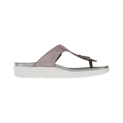 A side view of a SAS SANIBEL WISTERIA - WOMENS thong sandal with a brown leather upper and a white, cushioned insole, featuring a flexible sole for added comfort.