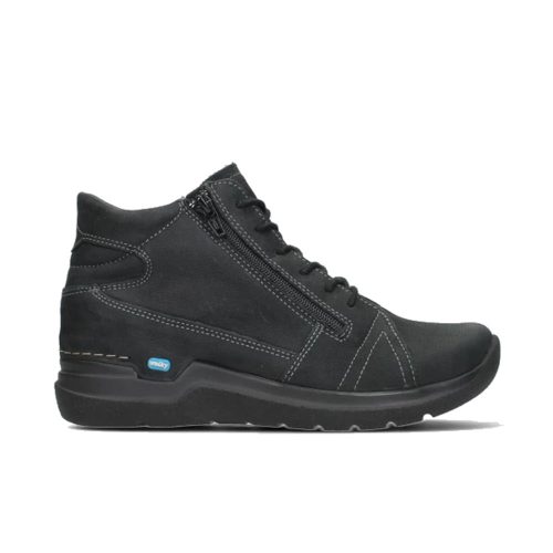 A side-view of the Wolky WOLKY WHY ANTIQUE NUBUCK BLACK - WOMENS, a black ankle-high shoe with a zipper and laces, featuring a sturdy lightweight PU sole and visible stitching for enhanced walking comfort.