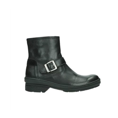 The Wolky WOLKY NITRA WR FOREST LEATHER BLACK - WOMENS is a black leather ankle boot with a silver buckle strap on the side, a low heel, and a removable insole for added comfort.