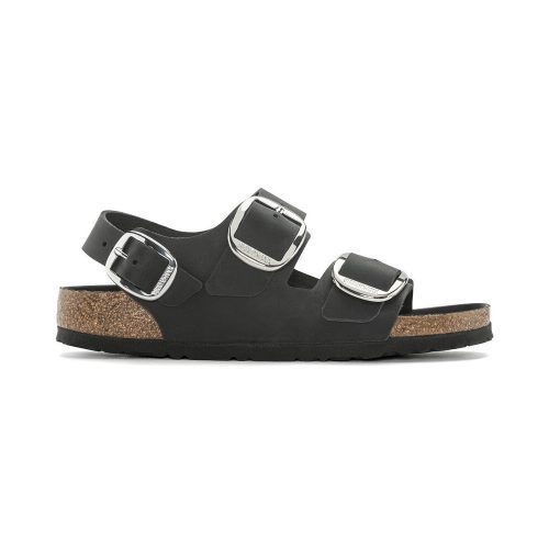 Side view of a Birkenstock BIRKENSTOCK MILANO BIG BUCKLE BLACK - WOMENS sandal featuring two adjustable silver buckles and a cork footbed. The sole is black and textured, complemented by an added ankle strap for extra support.