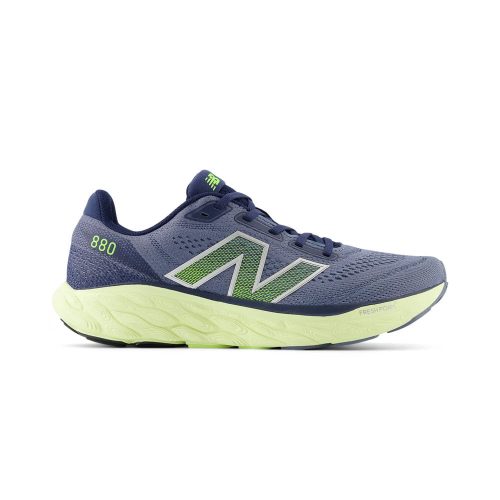 A blue and green New Balance running shoe with the model number 880 displayed on the side. The shoe boasts a supportive upper and superior cushioning, featuring a mesh design and a cushioned, light green sole.  Revised sentence:  The New Balance NEW BALANCE 880V14 ARCTIC GREY/LIMELIGHT/NB NAVY - MENS running shoe boasts a supportive upper and superior cushioning, featuring a mesh design and a cushioned, light green sole.