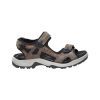 A supportive brown and black outdoor sandal with Velcro straps, sturdy tread, and a cushioned sole designed for hiking, the ECCO YUCATAN SANDAL ESPRESSO COCOA - MENS from Ecco also offers exceptional comfort for everyday walking.