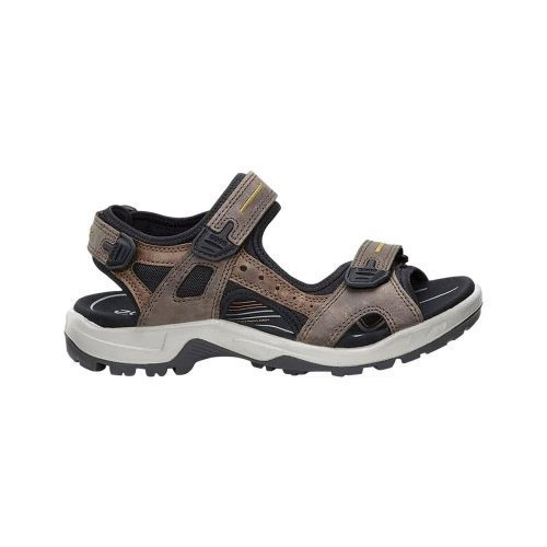 A supportive brown and black outdoor sandal with Velcro straps, sturdy tread, and a cushioned sole designed for hiking, the ECCO YUCATAN SANDAL ESPRESSO COCOA - MENS from Ecco also offers exceptional comfort for everyday walking.