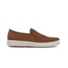 Side view of a brown Ecco ECCO SOFT 7 M SLIP ON WOVEN NUBUCK CAMEL - MENS sneaker with a white sole and woven design on the upper portion, offering premium comfort.