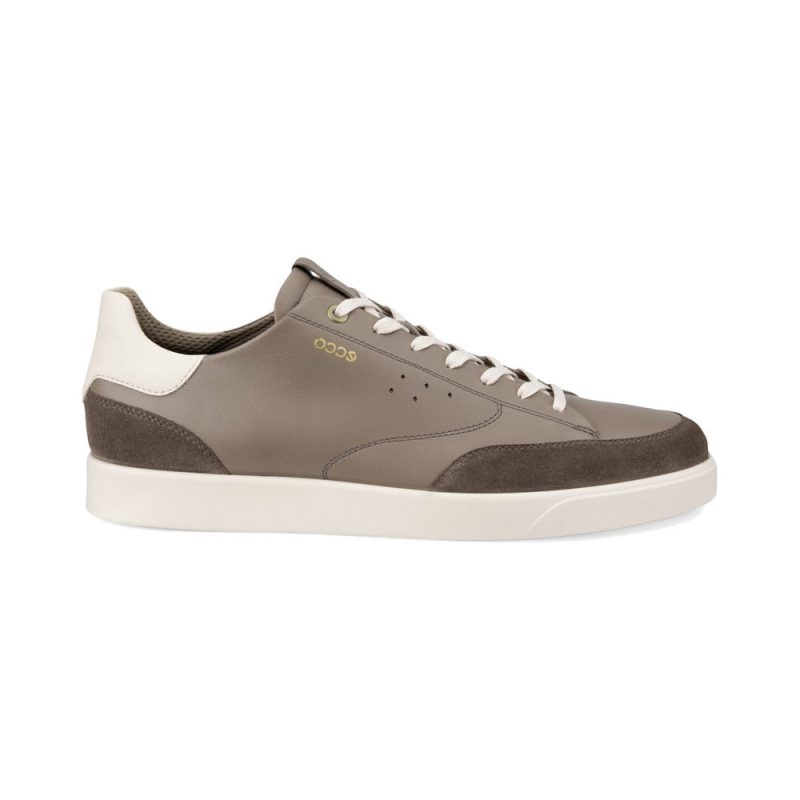 A brown and white low-top leather sneaker with white laces and a white sole, crafted from ECCO leathers, featuring a gold logo on the side. This everyday sneaker embodies the ECCO STREET LITE M COURT SNEAKER DARK CLAY - MENS look for effortless style by Ecco.