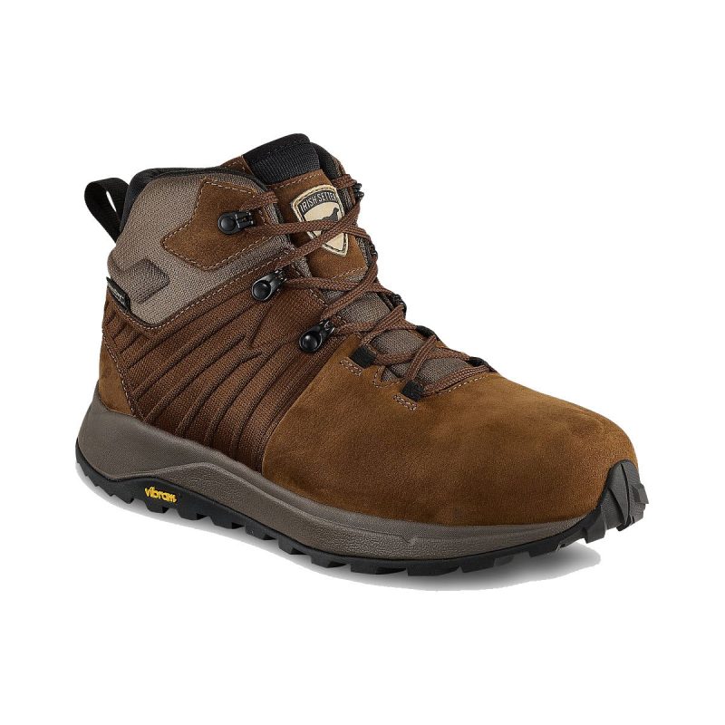 A single Irish Setter IRISH SETTER ALUMINUM TOE CASCADE 5 INCH WATERPROOF HIKER BOOT BROWN - MENS with a suede upper, black laces, reinforced aluminum toe cap, and rugged black sole with slip resistance, designed for outdoor use.