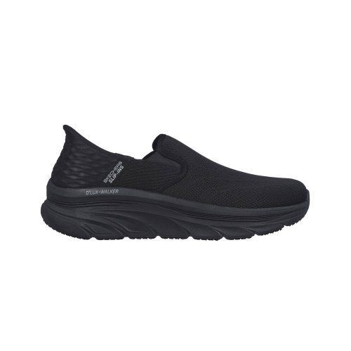 A black slip-on walking shoe with Air-Cooled Memory Foam, visible cushioning, and textured upper, labeled "SKECHERS SLIP RESISTANT JODEN D'LUX WALKER SLIP ON BLACK - MENS" near the heel.