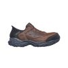 Side view of a brown and black hiking shoe with a rugged rubber sole and lace-up closure. The SKECHERS SAFETY TOE HOLDREDGE SLIP IN CRAZY HORSE BROWN - MENS features "Skechers" on the side, designed with Air-Cooled Memory Foam for ultimate comfort.