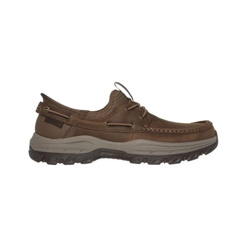 Side view of a brown leather Skechers SKECHERS SHORE THING MOC TOE LEATHER BUNGEE SLIP IN BROWN - MENS with laces, a rugged rubber sole, and Air-Cooled Memory Foam® for added comfort.