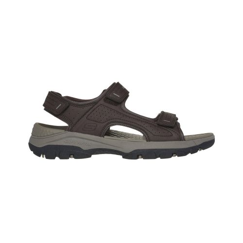 A side view of the Skechers SKECHERS GARO TWO STRAP CLOSURE SANDAL CHOCOLATE - MENS, featuring a relaxed fit with adjustable straps and a thick, rugged sole. The brown open-toe design is complemented by a Luxe Foam footbed for ultimate comfort.