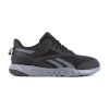 A Reebok Work REEBOK COMPOSITE TOE FLEXAGON FORCE XL ATHLETIC WORK SHOE BLACK - MENS with a low-top design, textured slip-resistant sole, and a striped pattern on the side.