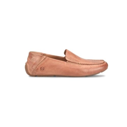 A single brown leather loafer, the BORN MARCEL SLIP ON DRIVING MOC COGNAC - MENS by Born, featuring Quad Gore Flex for added comfort, is shown in a side profile view on a white background.