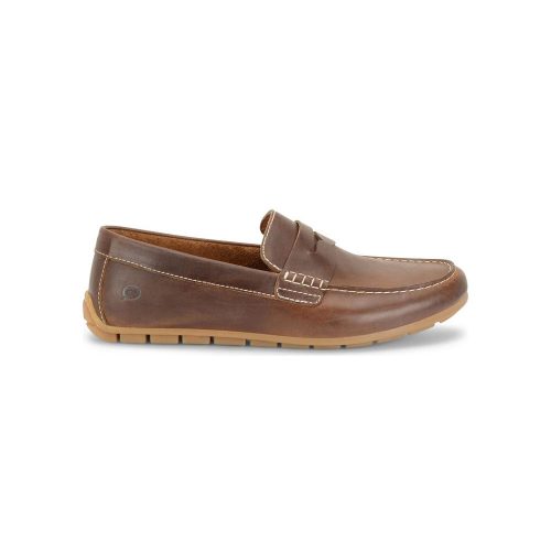 Introducing the fashionable BORN ANDES SLIP ON PENNY LOAFER DARK BROWN - MENS, a brown full-grain leather loafer with a rubber sole and intricate white stitching detailing by Born.