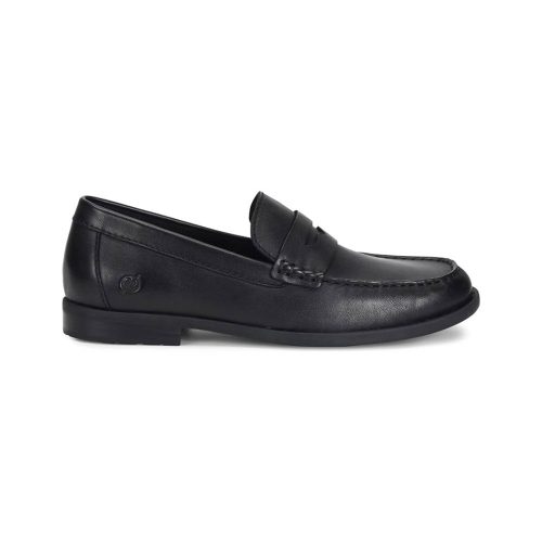 Black leather BORN MATTHEW SLIP ON PENNY LOAFER BLACK - MENS with a penny strap detail, featuring a low heel and stitching around the toe. This timeless Born essential is crafted from hand-finished leathers for a touch of elegance and quality.