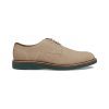 A single Johnston & Murphy Upton Plain Toe Oxford Taupe Nubuck men's shoe with laces and a dark green and brown flexible rubber outsole, displayed in a side profile view.