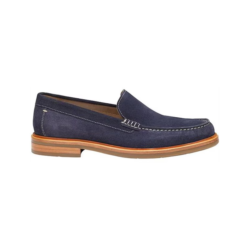 A Johnston & Murphy JOHNSTON & MURPHY LYLES VENETIAN SLIP ON NAVY SUEDE - MENS with white stitching, full-foot cushioning, and a light brown rubber sole.