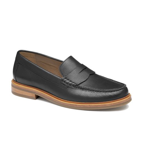 JOHNSTON & MURPHY LYLES SLIP ON PENNY BLACK FULL GRAIN - MENS with a wooden sole, full-foot cushioning, and a decorative strap across the upper.