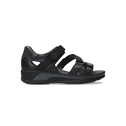 A black orthopedic sandal, the Wolky WOLKY DESH BLACK - WOMENS boasts supportive straps with Velcro fastenings and a thick sole, perfect for trekking.