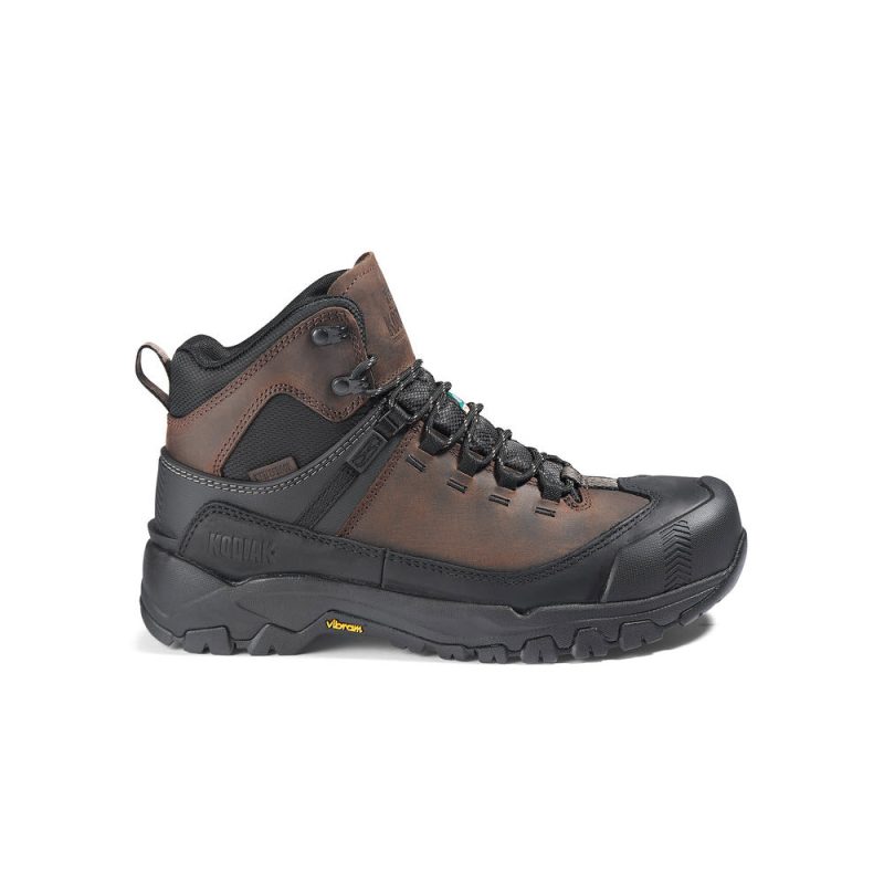 The **Kodiak KODIAK QUEST BOUND MID COMPOSITE TOE WATERPROOF BOOT DARK BROWN - MENS** features a sturdy rubber sole, lace-up closure, and exceptional slip resistance for added safety.