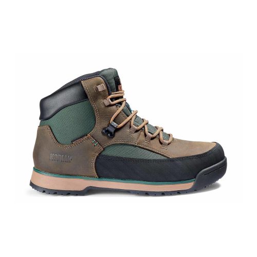 This is a brown and green men's work boot featuring a rugged rubber sole, lace-up closure, padded ankle support, waterproof leather construction, and branding on the heel. It is the Kodiak KODIAK ST GREB CLASSIC HIKE WATERPROOF WORK BOOT FOSSIL - MENS.