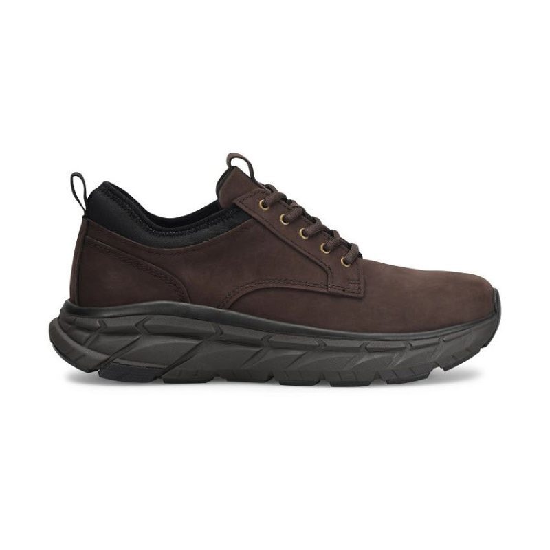 A single dark brown lace-up walking shoe with a black cushioned heel and thick black sole, crafted from waterproof nubuck leather, shown in a side view on a white background. Product name: ALIGN VERDELL LACE OXFORD SABLE BROWN - MENS. Brand Name: Align.